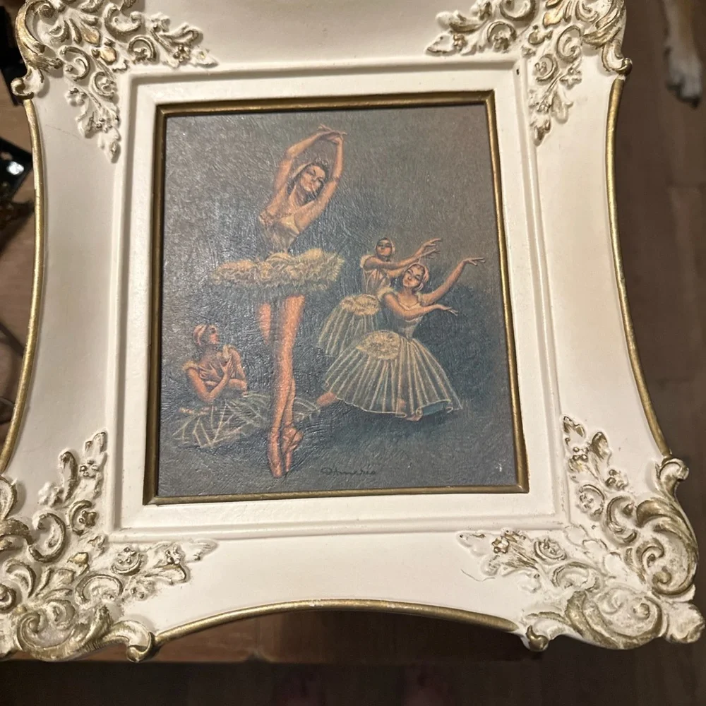 Vintage Ballerina Print Ornate Resin White/Gold Frame Hollywood Regency
